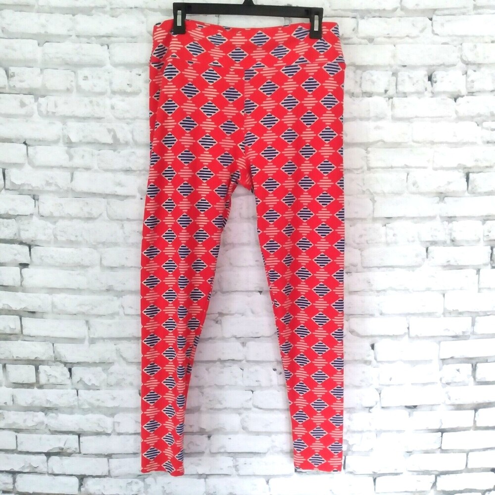 LULAROE Womens Leggings OS One Size Tall Curvy Red White Blue Argyle Pull On